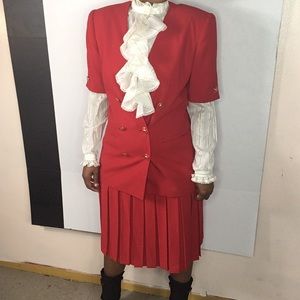 Kasper for ASL Two Piece Red Pleated Skirt  Suit